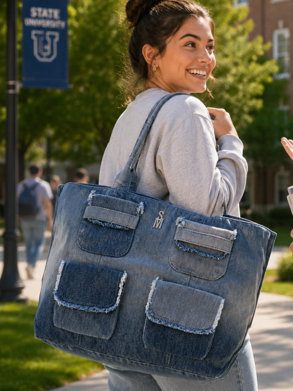 Steve Madden Large Denim Tote Bag with Multi Pockets | Oversized Casual Carryall